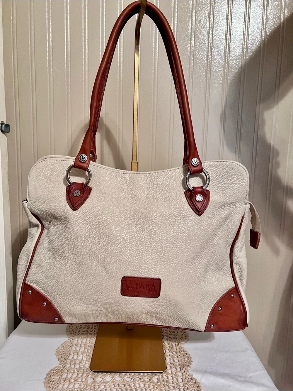 Valentina Cream and Brown Two-Tone Leather Shoulder Bag
